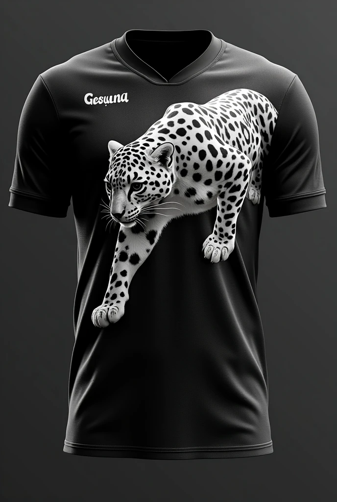 Create front and back team jersey design images with black color with white shaded snow leopard design highlighted, name on the back of the shirt Geovana and the number 10