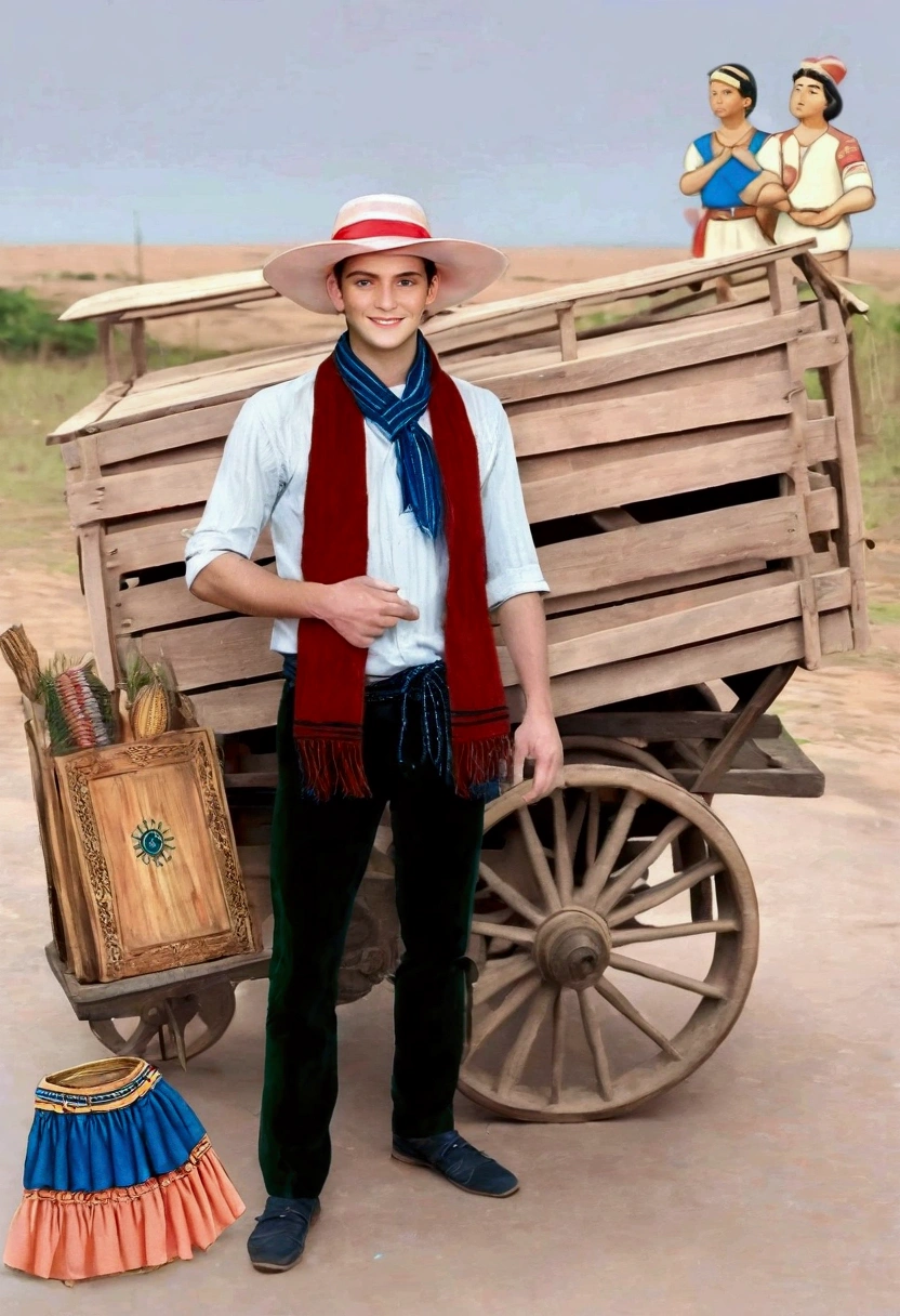 A tall, handsome young white man in a typical Paraguayan costume, a winged Varro de Cambuchi with a scarf and Paraguayan faces and crafts, behind him a cart and in his hand typical Paraguayan food, realistic Chipa, Paraguayan crafts