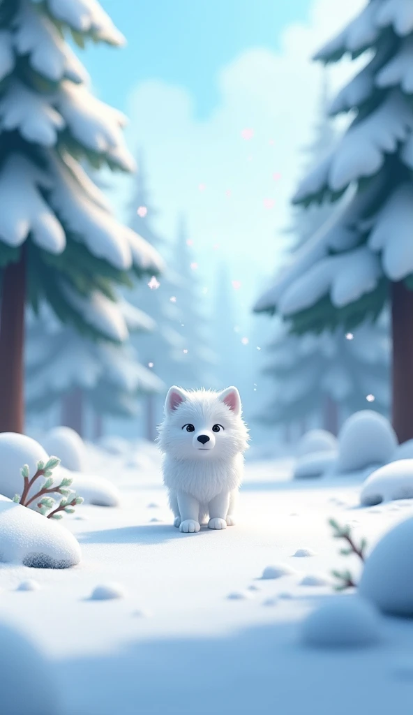 Cartoon anime 3D characters of A serene winter forest with tall, snow-covered trees. The ground is blanketed in snow, and everything is peaceful and still. In the distance, the figure of a young white wolf can be seen exploring the landscape.