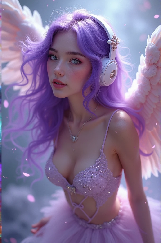 Korean purple hair butterfly woman with headphone and cupid outfit flying shiny 