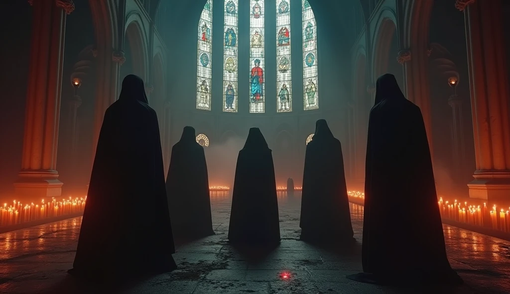 8k、equipped with sword ,lots of candles ,large stained glass,(Extreme low angle), (number々の賞を受賞したmasterpiece、Incredible detail、Texture、Maximum details),red flame candle, (summoning magic),(A ruin with beautiful moonlight in the middle of the night), (dark ritual),(dark organization)arafed image of a group of people in a church with candles,lit candle, dark cinematic concept art, elegant cinematic fantasy art, photorealistic dark concept art, by Beeple, dark robes, wojtek fus, gothic epic library concept, gothic epic library, epic cinematic concept art, dark concept art, Beeple and mike winkelmann, symmetrical epic fantasy art, High resolution, masterpiece, Highest quality, Intricate details, Very detailed, Clear focus, practical skin texture, texture,  Shot with Canon, 85mm, Shallow and deep, Kodak Vision Color, Exactly, Very detailed, photograph_\(Extremist\), photographpractical, practical, Post-processing, Maximum details, Roughness, Real Life, Extremist practical, Photorealism, photographgraphy, 8K Ultra HD, photographgraphy
