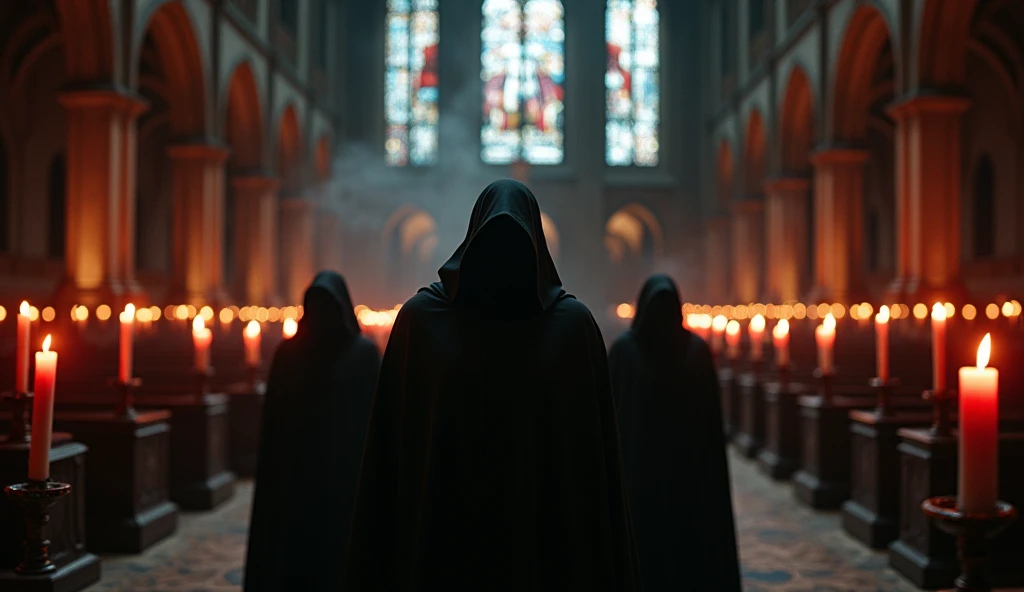 8k、equipped with sword ,lots of candles ,large stained glass,(Extreme low angle), (number々の賞を受賞したmasterpiece、Incredible detail、Texture、Maximum details),red flame candle, (summoning magic),(A ruin with beautiful moonlight in the middle of the night), (dark ritual),(dark organization)arafed image of a group of people in a church with candles,lit candle, dark cinematic concept art, elegant cinematic fantasy art, photorealistic dark concept art, by Beeple, dark robes, wojtek fus, gothic epic library concept, gothic epic library, epic cinematic concept art, dark concept art, Beeple and mike winkelmann, symmetrical epic fantasy art, High resolution, masterpiece, Highest quality, Intricate details, Very detailed, Clear focus, practical skin texture, texture,  Shot with Canon, 85mm, Shallow and deep, Kodak Vision Color, Exactly, Very detailed, photograph_\(Extremist\), photographpractical, practical, Post-processing, Maximum details, Roughness, Real Life, Extremist practical, Photorealism, photographgraphy, 8K Ultra HD, photographgraphy
