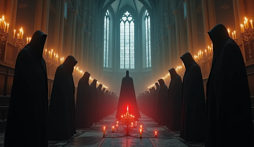 8k、equipped with sword ,lots of candles ,large stained glass,(Extreme low angle), (number々の賞を受賞したmasterpiece、Incredible detail、Texture、Maximum details),red flame candle, (summoning magic),(A ruin with beautiful moonlight in the middle of the night), (dark ritual),(dark organization)arafed image of a group of people in a church with candles,lit candle, dark cinematic concept art, elegant cinematic fantasy art, photorealistic dark concept art, by Beeple, dark robes, wojtek fus, gothic epic library concept, gothic epic library, epic cinematic concept art, dark concept art, Beeple and mike winkelmann, symmetrical epic fantasy art, High resolution, masterpiece, Highest quality, Intricate details, Very detailed, Clear focus, practical skin texture, texture, Shot with Canon, 85mm, Shallow and deep, Kodak Vision Color, Exactly, Very detailed, photograph_\(Extremist\), photographpractical, practical, Post-processing, Maximum details, Roughness, Real Life, Extremist practical, Photorealism, photographgraphy, 8K Ultra HD, photographgraphy
