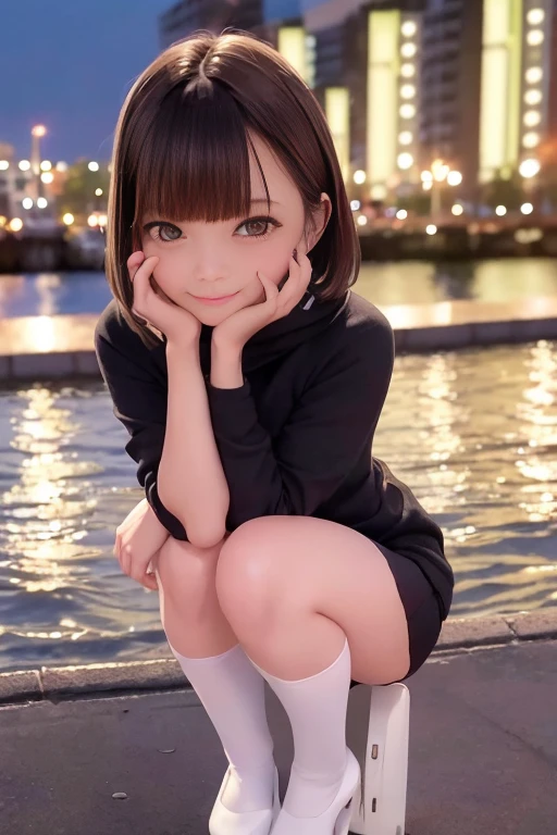 Knee-high high-heeled boots、Micro Mini Skirt、Pull-zip hoodie、One 1 woman、Short Bob Hair、Medium breast、A shy smile、masterpiece:1.3、Raw photo quality、Highest quality、Detailed Images、Detailed Background、Standing on the pier at night、White panties、((Pulpanty:1.3))、