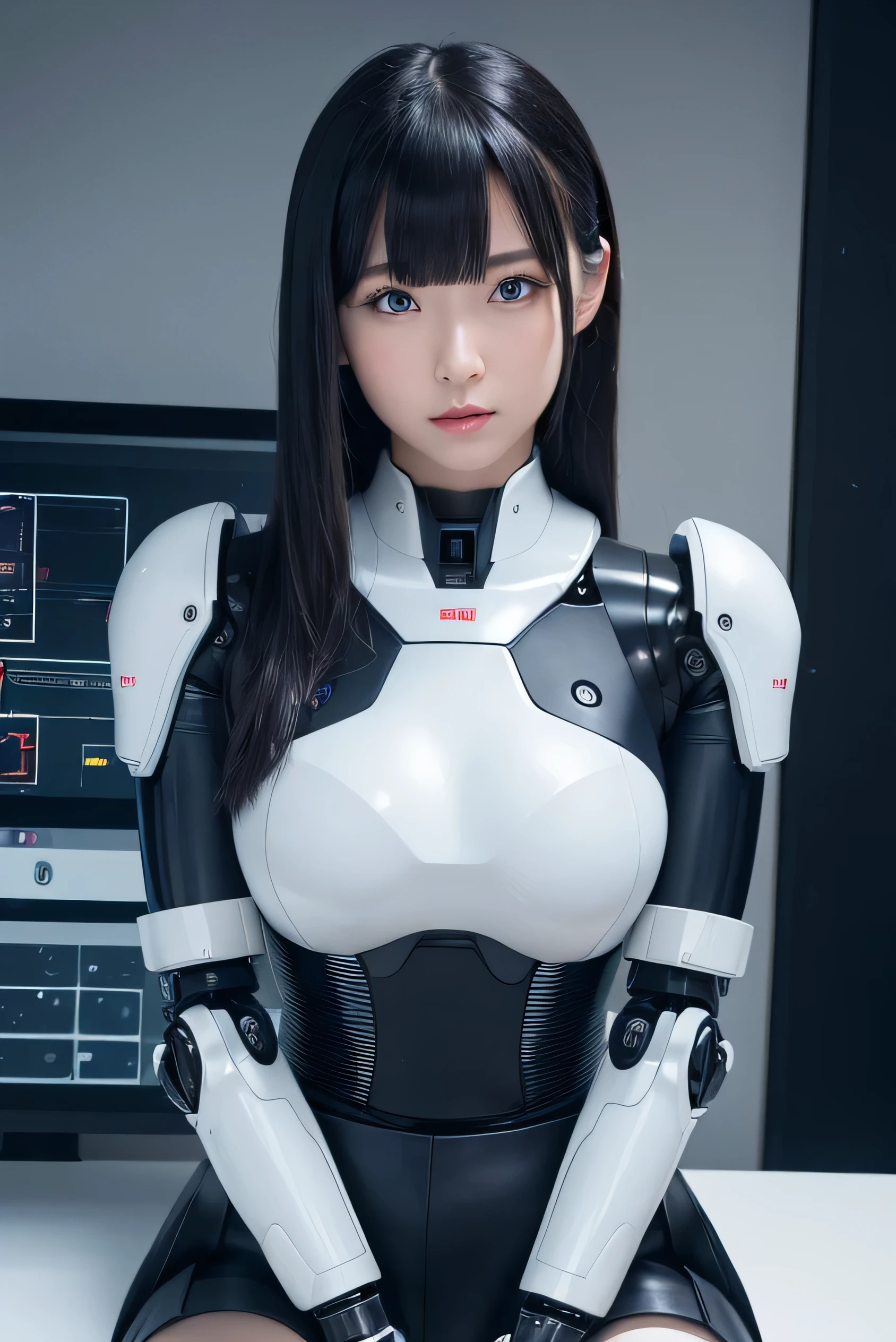 masterpiece, best quality, extremely detailed, Japaese Cyborg Girl,Plump ,navy pleated miniskirt,black tights,control panels,android,Droid,Mechanical Hand, ,clothes with a sense of mechanical technology, Robot arms and legs, Black Robot Parts,Black hair,Mechanical body,Blunt bangs,White abdomen,White robotics parts,tube dress,perfect robot woman,future laboratory,cyber pank,charging spot,android factory,robot factory,cyborg factory,long tube,thick cable connecting her neck,ceramic body ,blue eyes,smechanical body, android,robot humanoid,office-lady,hypnosis,blank eyes