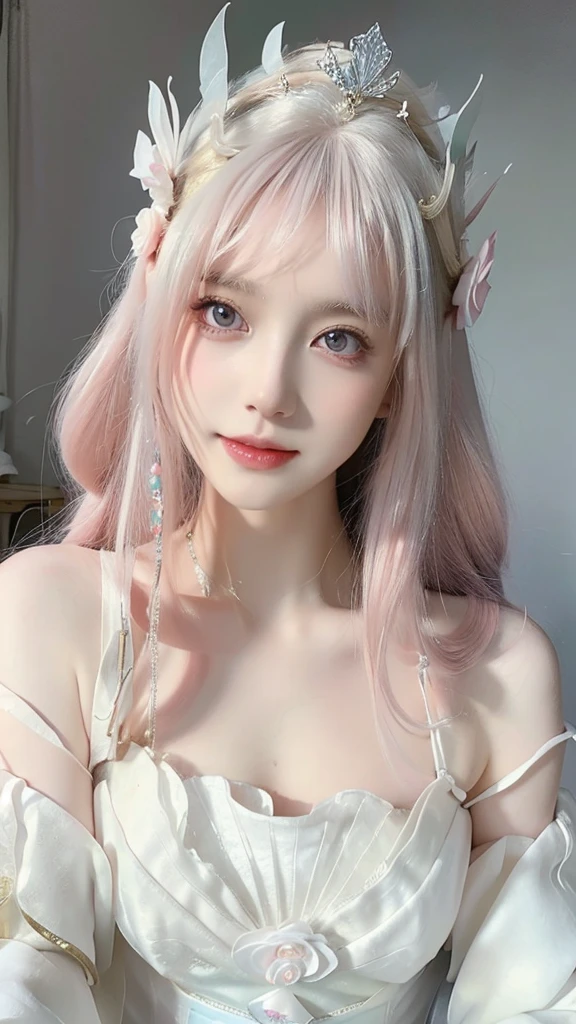 a woman with long hair wearing a white dress and a pink flower crown, pale milky white porcelain skin, ethereal beauty, 中 元 节, beautiful portrait image, lovely delicate face, cute beautiful, trending on cgstation, lovely woman, beautiful girl model, ((a beautiful fantasy empress)), beautiful anime girl, very beautiful girl, porcelain white skin