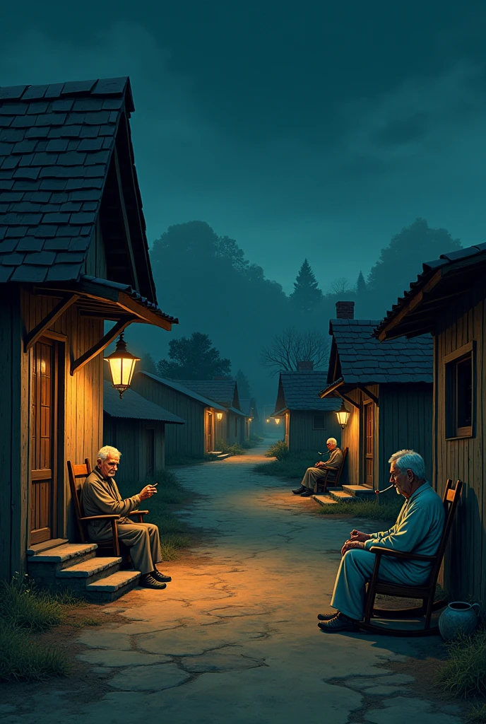 Village, dirt roads, rural setting, at night, old houses, worn appearance, elderly people sitting outside smoking cigars