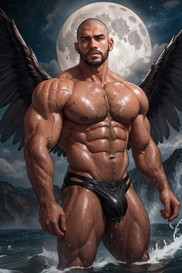 It has large black and white wings.、Macho、Shaved head、Brown skin、Torn clothes、Pectoralis major、Abdominal muscles、Thick hair、chest hair、Natural disaster、Your body is wet、Water, thunder and wind、Highest quality、high resolution、Mysterious Space、looking at the camera、Provocative、full moon