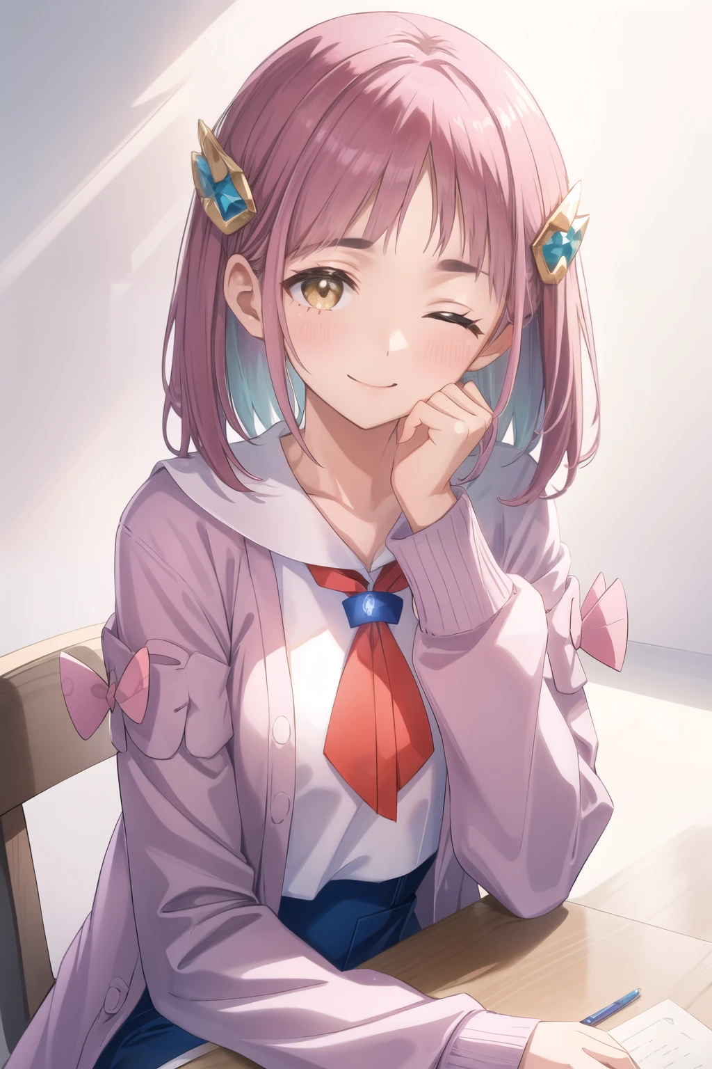 (masterpiece:1.2), Highest quality, High resolution, unity 8k wallpaper, (figure), Highly detailed face, Perfect lighting, Highly detailed CG, One person, alone, Lacey, Medium Hair, Are sitting in a chair, Pink Coat, neckerchief, White shirt, Upper Body, Resting ones chin on ones hand, White Background, Simple Background, View your viewers, smile, Mouth closed, hair ornaments