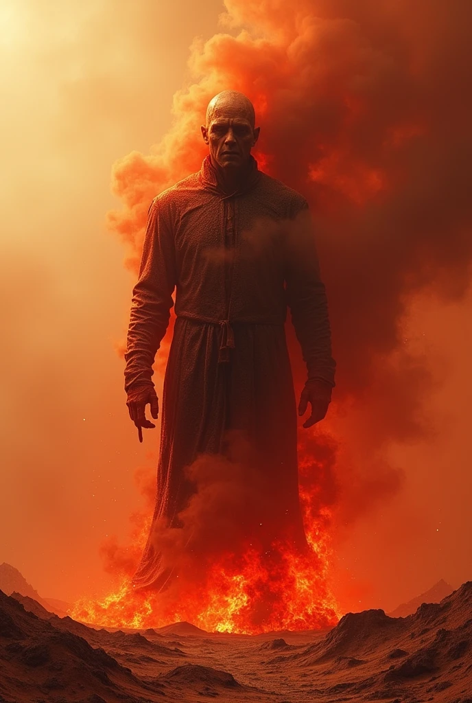 horror,a man wearing a suit of hot lead emitting reddish black smoke standing in a barren desert atmosphere of a red earth smoke billowing.