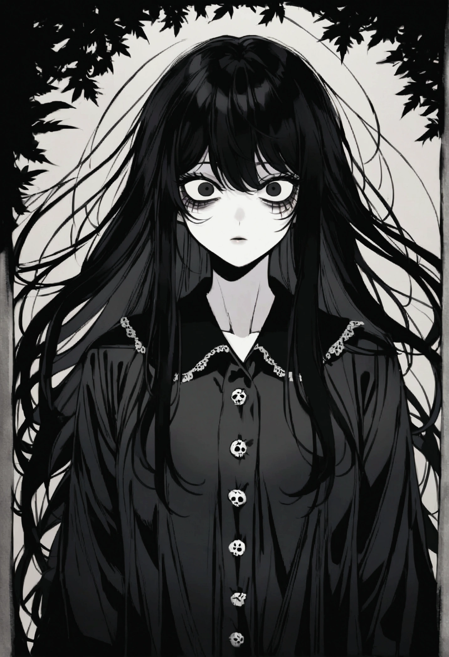 2 young girl, slightly messy long hair, looks sick, has pale skin and dark circles under her eyes, thin and , wears black clothes that look like pajamas, is Korean, has big, black, deep eyes, is inspired by the character L from Death note