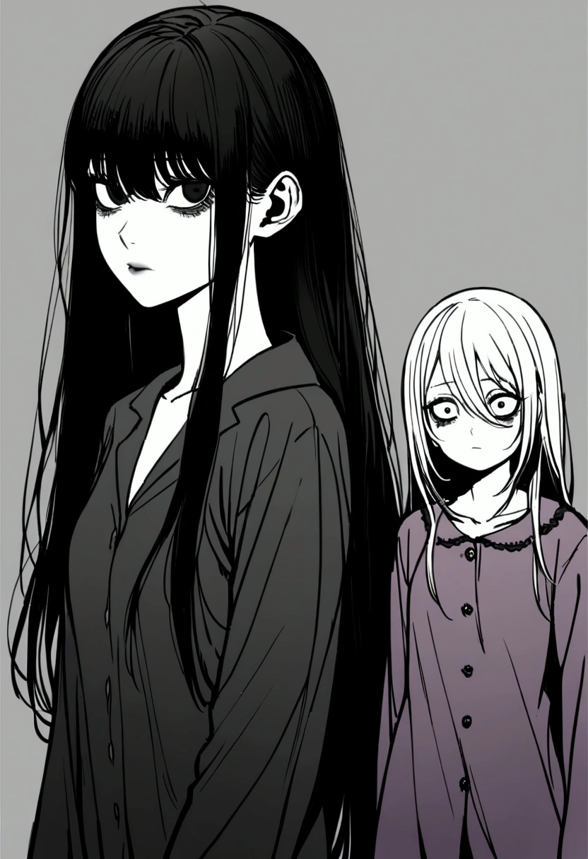 2 young girl, slightly messy long hair, looks sick, has pale skin and dark circles under her eyes, thin and , wears black clothes that look like pajamas, is Korean, has big, black, deep eyes, is inspired by the character L from Death note 