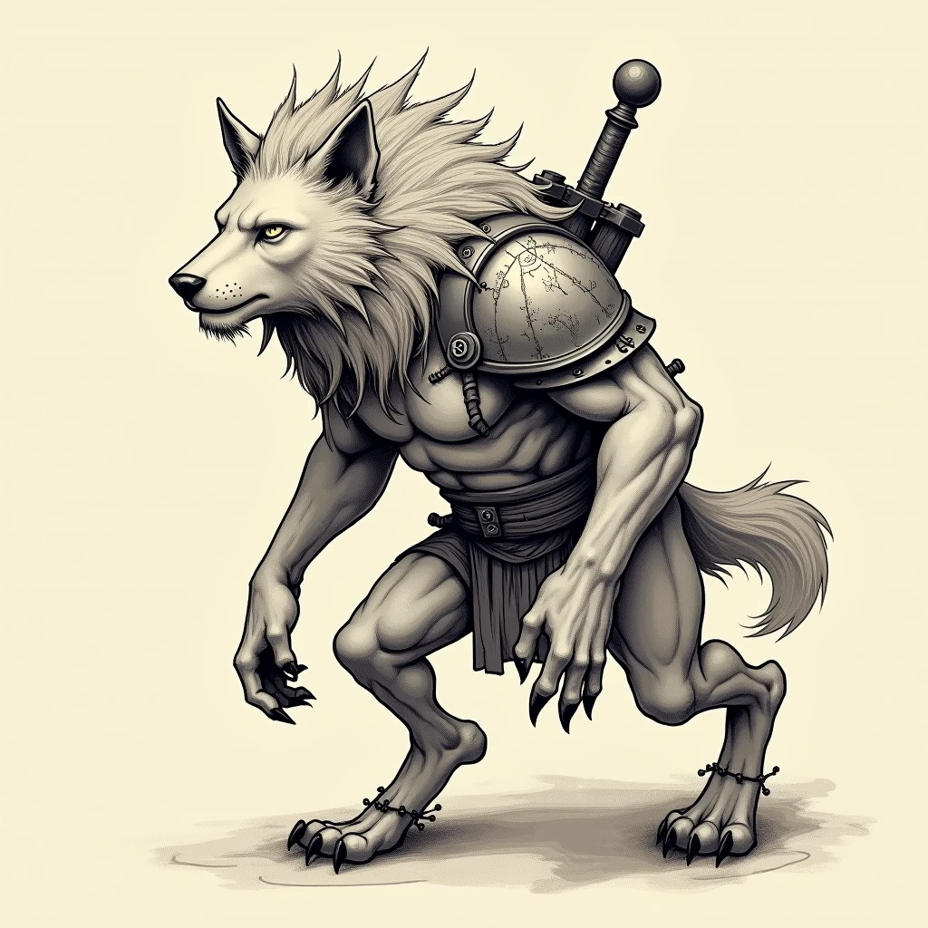 Guardian Animal Tattoo with Rustic Armor,ready to defend,offwhite,tatoo,wolf with lion's mane,humanoid body,head proportional to the body,Short snout,short and discreet weapon on the back,small mane, warrior, without syrup