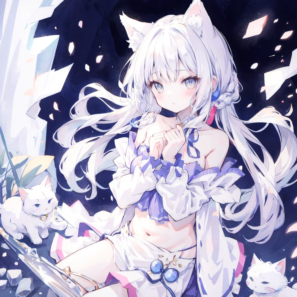 Bare shoulders,Plump breasts,Hands on chest,cute,white cat ears,