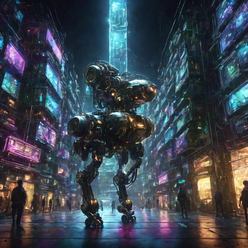 cyber punk　cyber punkアート　A building filled with secret machinery　Building with tangled wires　Futuristic buildings　The building is dimly lit　Light leaks from the multiple windows　The windows are randomly placed　Below the building are rows of abandoned buildings.　Multiple utility poles　Tangled wires　Exquisite building background　One mechanical android on the left　An android with sophisticated machinery　Mechanical Android Standing　The mechanical android looks up at the sky　Human-like silhouette android　Beautiful picture　Exquisite illustrations　wonderful