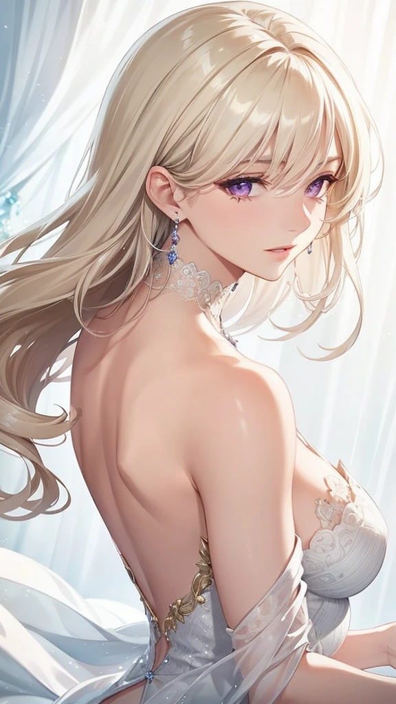 Realistic, Elegant mature woman, Purple eyes, Silver Hair, Teardrops，Large Breasts, 4K resolution, Beautiful CG, Soft Light，Character portrait, Crown, Gorgeous long dress