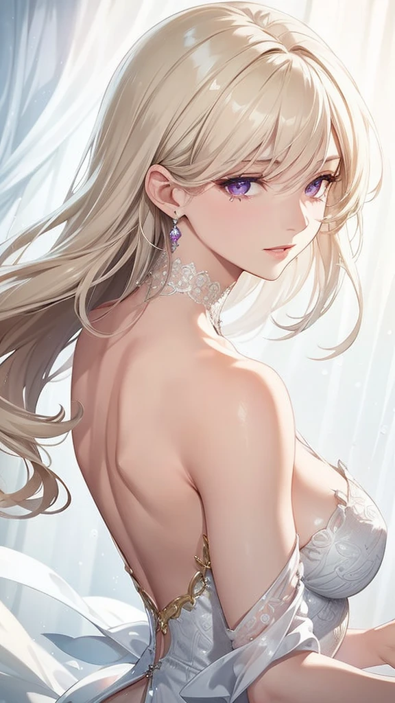 Realistic, Elegant mature woman, Purple eyes, Silver Hair, Teardrops,Large Breasts, 4K resolution, Beautiful CG, Soft Light,Character portrait, Crown, Gorgeous long dress