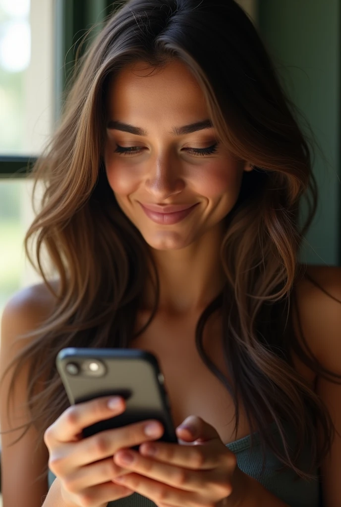 a Brazilian woman with long brown hair, beautiful detailed eyes, beautiful detailed lips, extremely detailed face, holding a smartphone, looking at the smartphone screen and smiling, natural lighting, detailed background, intricate details, (best quality,8k,highres,masterpiece:1.2),ultra-detailed,(realistic,photorealistic,photo-realistic:1.37),HDR,vivid colors,portrait, looking fot the smartphone