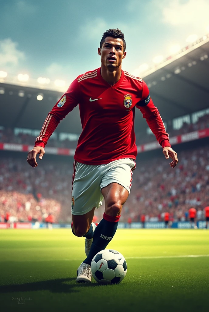 Un portrait dynamique de Cristiano Ronaldo sur le terrain de football, vêtu de son maillot rouge emblématique.