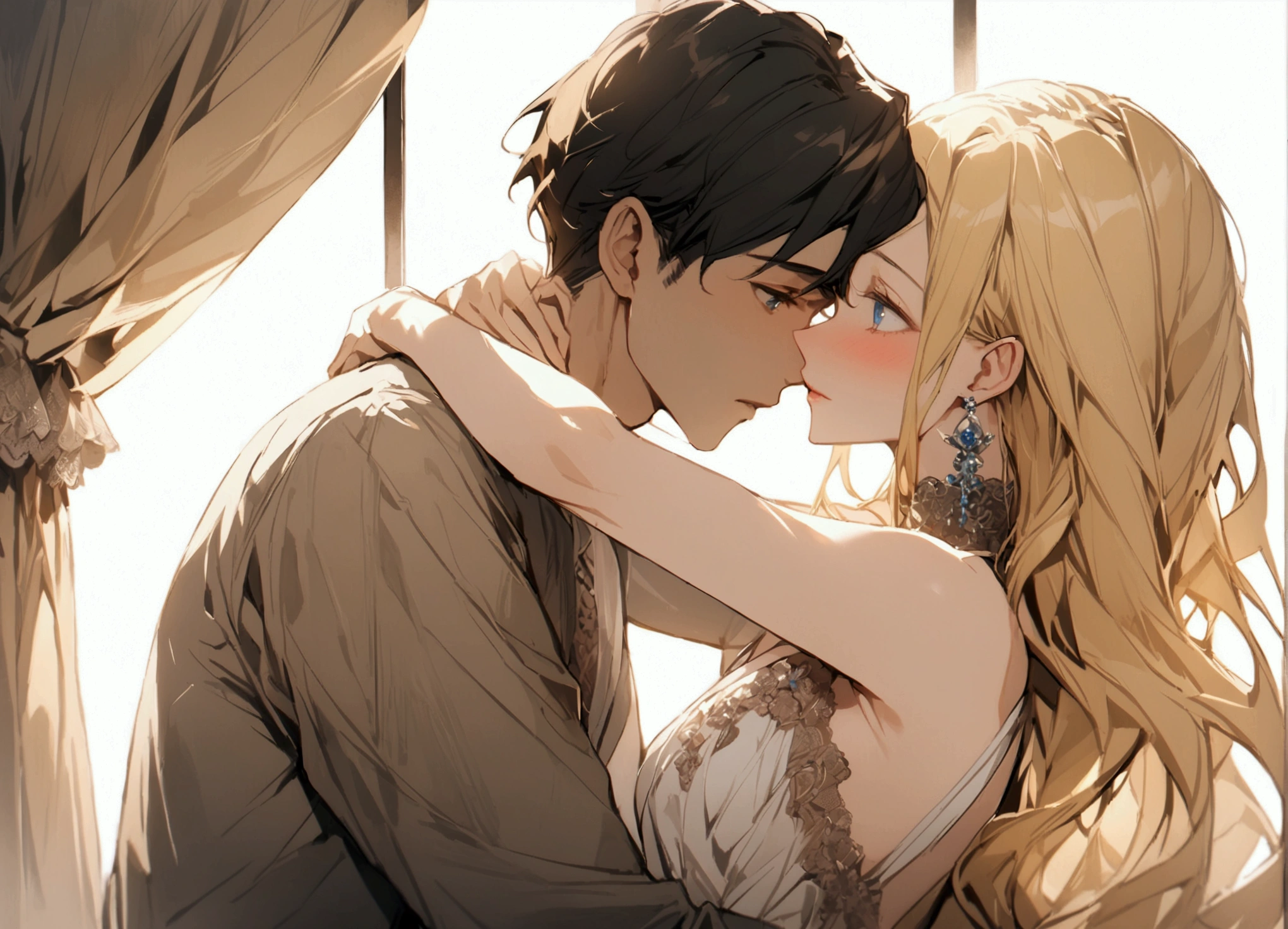 an anime drawing of two people hugging in a romantic pose, with their arms around each other's neck, 1girl,1boy, blonde hair, blue eyes, long hair, couple,horny