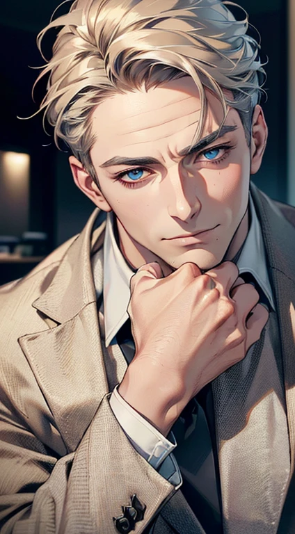 (best quality,4k,8k,highres,masterpiece:1.2),ultra-detailed,(realistic,photorealistic,photo-realistic:1.37),1 man,3,mature man,very handsome,without expression,smile,short grey golden hair,blue eyes,penetrating gaze,perfect face without errors,imposing posture,businessman,office background,cinematic lighting,hdr image