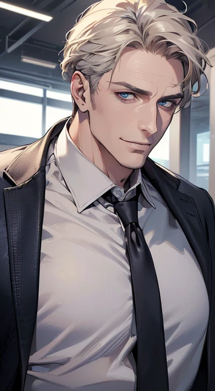 (best quality,4k,8k,highres,masterpiece:1.2),ultra-detailed,(realistic,photorealistic,photo-realistic:1.37),1 man,3,mature man,very handsome,without expression,smile,short grey golden hair,blue eyes,penetrating gaze,perfect face without errors,imposing posture,businessman,office background,cinematic lighting,hdr image