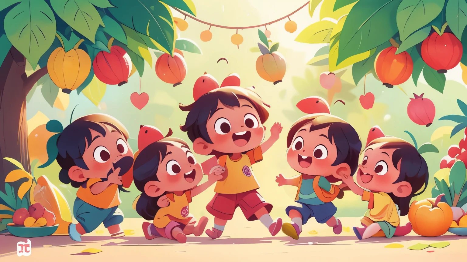 A joyful scene of children surrounded by various fruits from the previous pages, with colorful text overlay: 'Semua buah ini sungguh nikmat, Mari hafal buah bersama, abjad dan buah, seru dan segar!'. The background is bright and cheerful, with a playful atmosphere