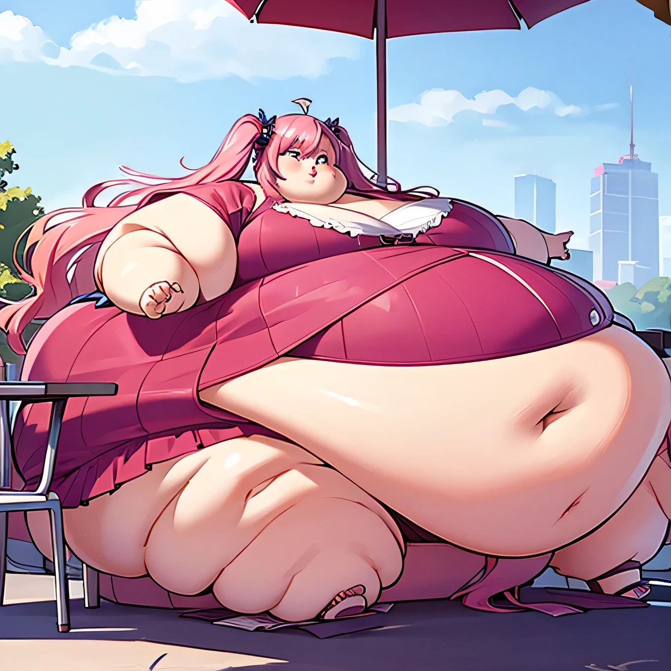 Extremely obese woman, wearing a loose pink dress, fat blob, far rolls, immobilized by her weight, very long wavy neon pink hair, a big belly, saggy belly, gluttony, hanging belly, sitting on a pink plastic chair 