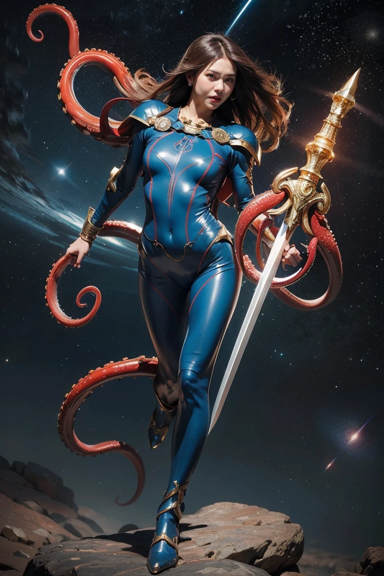 Highest quality, masterpiece, Realistic, High resolution, 8K RAW Photos, 1 person、Long Hair、goddess、Holding a decorated sword、Raise your sword、Glamour、(Blue bodysuit with light motif、Gold Edge)、pendant、Earrings、(Action pose)、(On a rock on a planet where you can see a meteor shower)、(Many tentacles floating in the starry sky)、Tentacle Shield、Tentacle Missile、Tentacle Sword、Tentacle Armor、Octopus、attack with tentacles、タコの戦闘goddess