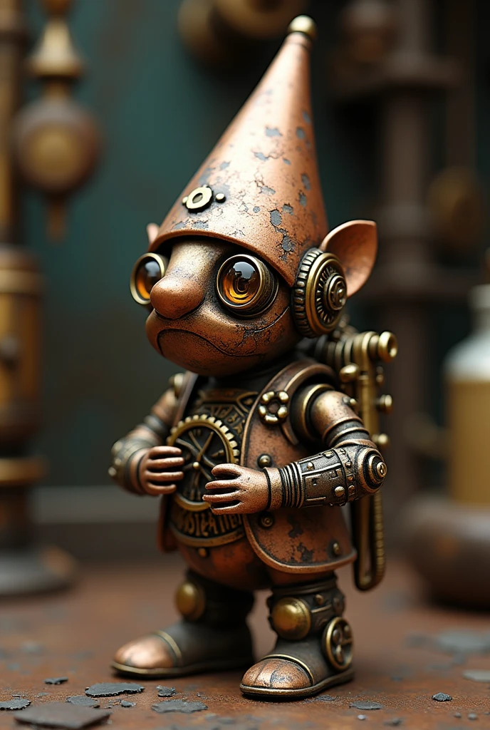 Small mechanical gnome made of copper and brass. a little old. with rust. steampunk style