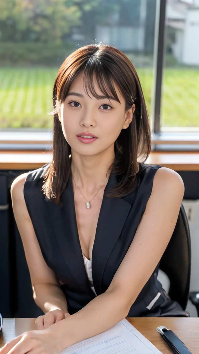 (top-quality, 16K, masterpiece:1.3), (ultra detailed), (masterpiece), (best quality), Highest quality, Realistic, Surreal, Highest quality, Extremely detailed CG, Very delicate, 16K wallpaper, High resolution, A woman in a management position at a prestigious company, 38歳, beautiful woman, ((Silky hair:1.2)), (beautiful short hair:1.2), BREAK ((upper body:1.5)), ((look into the viewer's eyes:1.5)), ((looking at viewer:1.5)), ((Front view:1.5)), ((from front:1.5)), BREAK ((thin lips:1.5)), ((orgasm:1.5)), ((ecstasy:1.5)), ((mole under eye:1.2)), ((UNTITLED business suit:1.2)), ((Very simple necklace)), With a large window Japanese office, ((Working at desk:1.5)), Japanese, slender body, very detailed, detailed fingers, detailed hands, detailed eyes, detailed legs, accurate and perfect human anatomy, real human skin,