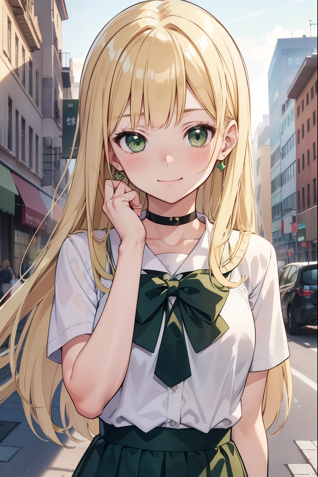 Blonde Hair, choker,(Green Eyes:1.5), Long Hair, high school student,Japanese school gym uniform,blush, blush stickers, Have,break looking at viewer, break outdoors, city, break (masterpiece:1.2), highest quality, High resolution, Unity 8k,  (Beautiful fine details:1.6), Highly detailed face, Perfect lighting, Highly detailed CG, (Perfect hands, Perfect Anatomy),(Blush all over face, Embarrassing)