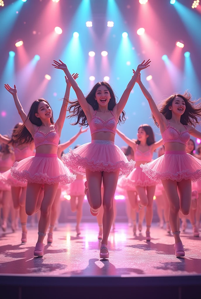 48 women, Japanese idol, kawaii, happy, smile, flaffy idol dress, singing, dancing, on stage, colorful lighting,, jumping