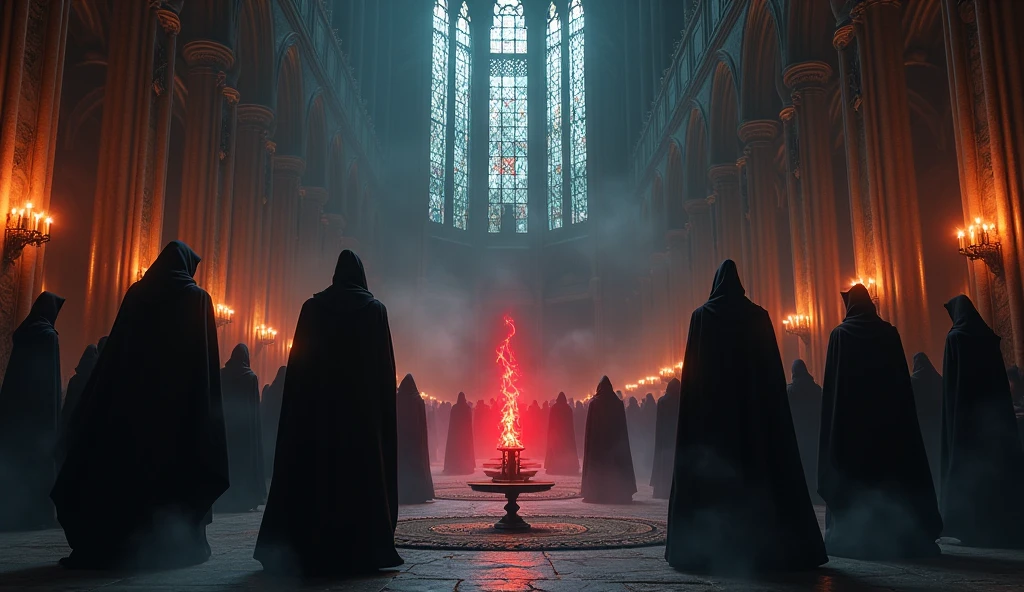 8k、knights of the round table ,lots of candles ,large stained glass,(Extreme low angle), (number々の賞を受賞したmasterpiece、Incredible detail、Texture、Maximum details),red flame candle, (summoning magic),(A ruin with beautiful moonlight in the middle of the night), (dark ritual),(dark organization)arafed image of a group of people in a church with candles,lit candle, dark cinematic concept art, elegant cinematic fantasy art, photorealistic dark concept art, by Beeple, dark robes, wojtek fus, gothic epic library concept, gothic epic library, epic cinematic concept art, dark concept art, Beeple and mike winkelmann, symmetrical epic fantasy art, High resolution, masterpiece, Highest quality, Intricate details, Very detailed, Clear focus, practical skin texture, texture, Shot with Canon, 85mm, Shallow and deep, Kodak Vision Color, Exactly, Very detailed, photograph_\(Extremist\), photographpractical, practical, Post-processing, Maximum details, Roughness, Real Life, Extremist practical, Photorealism, photographgraphy, 8K Ultra HD, photographgraphy