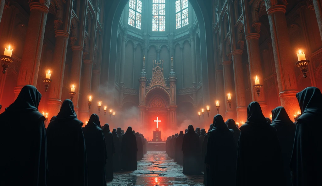 8k、knights of the round table ,lots of candles ,large stained glass,(Extreme low angle), (number々の賞を受賞したmasterpiece、Incredible detail、Texture、Maximum details),red flame candle, (summoning magic),(A ruin with beautiful moonlight in the middle of the night), (dark ritual),(dark organization)arafed image of a group of people in a church with candles,lit candle, dark cinematic concept art, elegant cinematic fantasy art, photorealistic dark concept art, by Beeple, dark robes, wojtek fus, gothic epic library concept, gothic epic library, epic cinematic concept art, dark concept art, Beeple and mike winkelmann, symmetrical epic fantasy art, High resolution, masterpiece, Highest quality, Intricate details, Very detailed, Clear focus, practical skin texture, texture, Shot with Canon, 85mm, Shallow and deep, Kodak Vision Color, Exactly, Very detailed, photograph_\(Extremist\), photographpractical, practical, Post-processing, Maximum details, Roughness, Real Life, Extremist practical, Photorealism, photographgraphy, 8K Ultra HD, photographgraphy