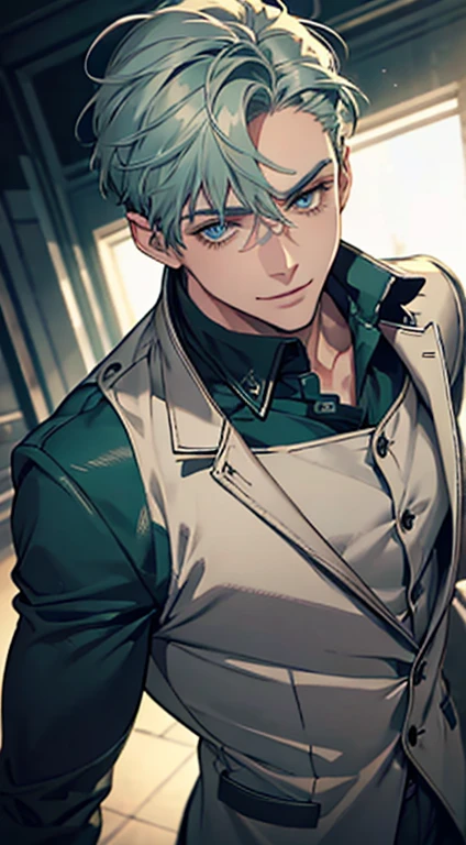 a mature man with short grey green hair, blue eyes, and a perfect face, smiling in love, CEO, cinematic lighting, 1:4 HDR image, top view, ultra detailed, best quality, masterpiece, 8K, photorealistic, beautiful image