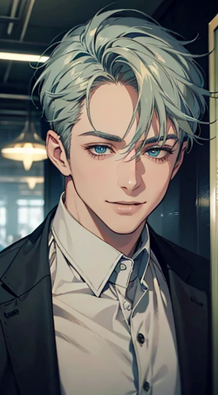 a mature man with short grey green hair, blue eyes, and a perfect face, smiling in love, CEO, cinematic lighting, 1:4 HDR image, top view, ultra detailed, best quality, masterpiece, 8K, photorealistic, beautiful image