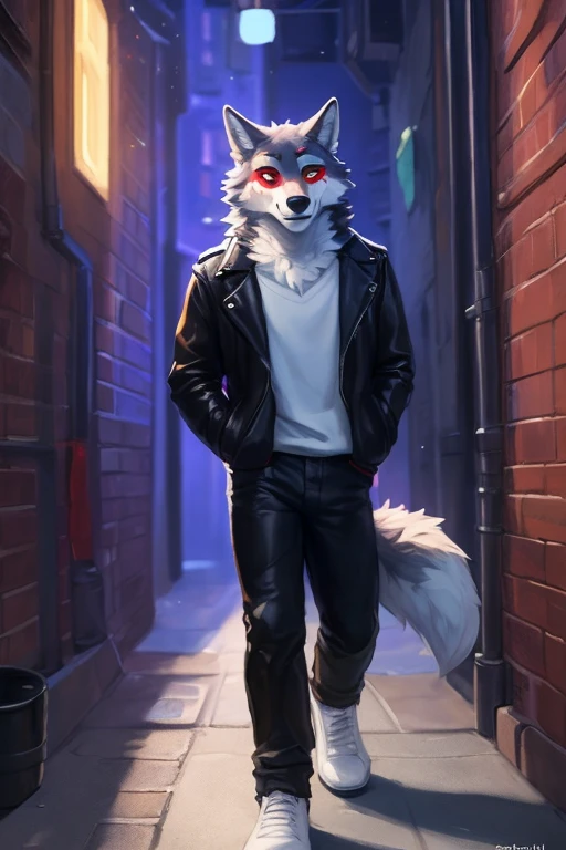 ((( SA black and red anthropomorphic male wolf with a red scar on his face with red eyes and a leather jacket and black pants in a alleyway
.


.  ))), big chest wearing clothing , day, , sensual, detailed, uploaded to e621, beautiful and detailed portrait of an anthropomorphic , (((male))) uploaded to e621, zaush, foxovh, movie lighting, thicc, alone, movie cover, detailed, 8k res, hires, detailed eyes, good anatomy, good perspective, towards viewer, by bebebebebe, by sicklyhypnos, by gerkk, by orf, nice hands, perfect hands, happy, romantic, ray tracing lighting, rtx on