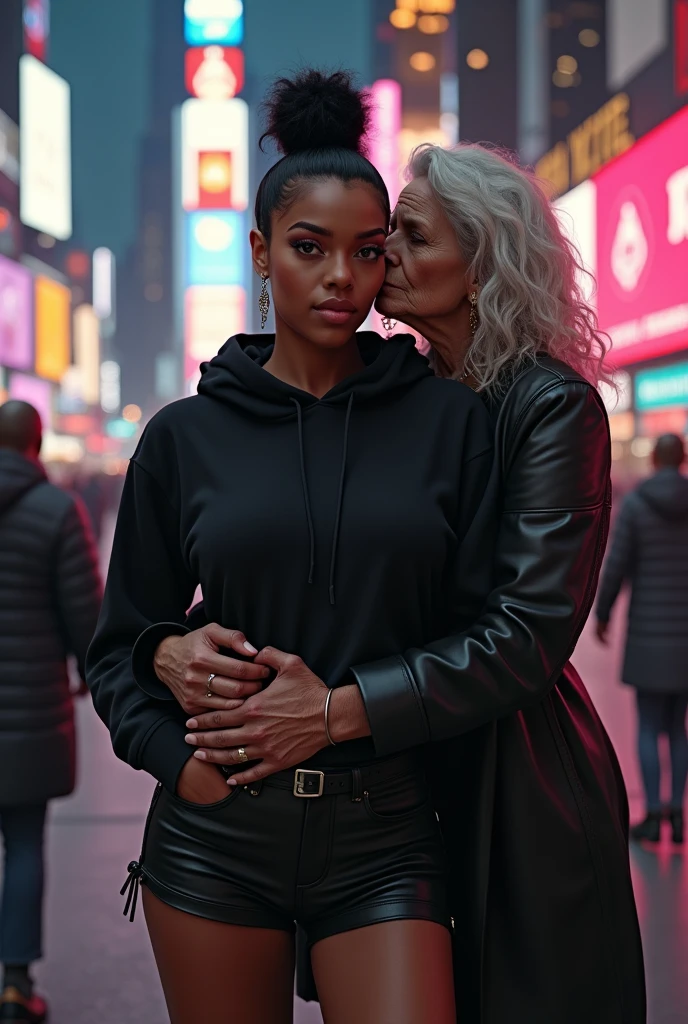 black woman hair in a bun black hoodie black leather short shorts old ugly woman standing behind her up against her wearing a dress with her arms around her waist kissing her neck time square new york city