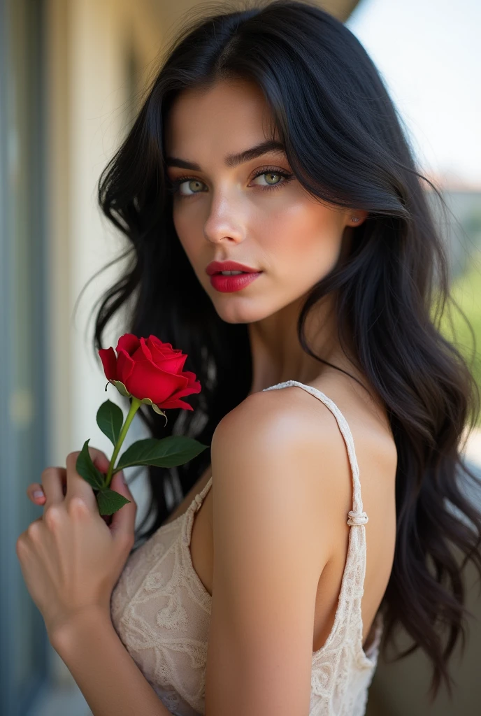 Feminine and elegant Russian model. Black hair. Age 20 years. Light green eyes. Perverted eyes looking at the camera. Beautiful, healthy and nourished hair. Long and wavy hair. Very pale (white) skin. Brown eyebrows. Slim and small model body. Feminine and delicate face. Small, upturned nose (perfect). Lips with red lipstick. Natural, long and beautiful eyelashes.
Thin and elongated face. Chin slightly divided. Beautiful white dress. Russian girl. He has a perfect body, without physical anomalies. Symmetrical face. Professional image on a balcony in France. Full body image. The whole body. Total appreciation of the delicate and very thin female body.
Holding a rose with his hand (he has five fingers on each hand)