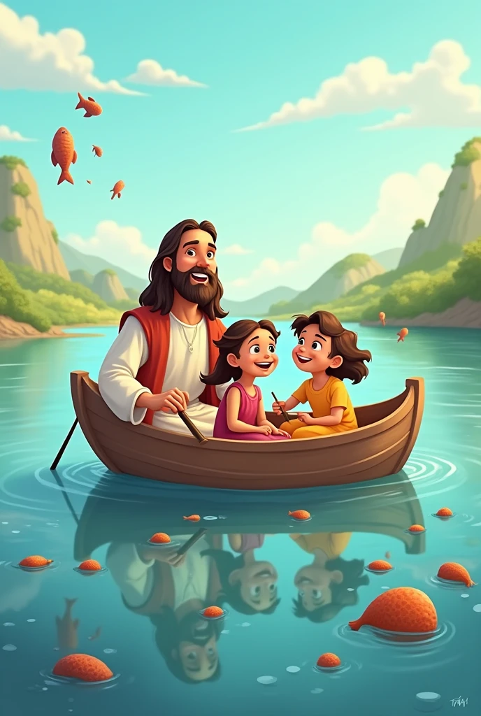 Cartoon of Jesus with a girl and a boy fishing in a boat and fish Add more fish