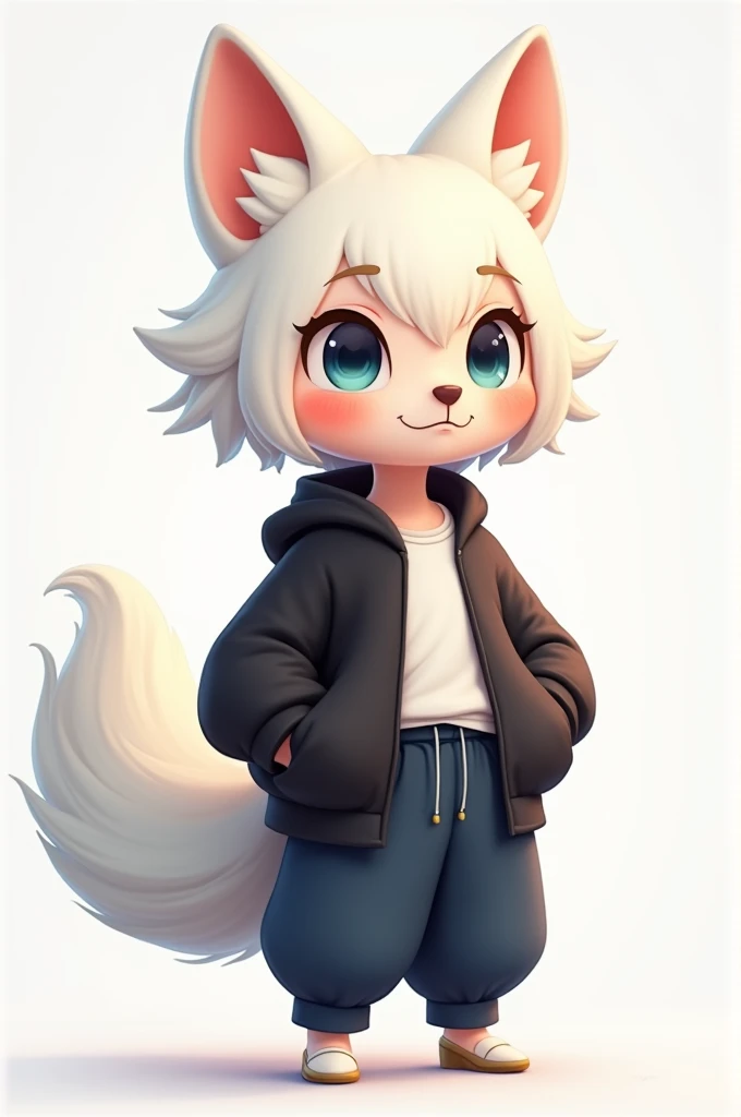 Create a 2d Vituber with Arctic fox ears and an Arctic fox tail, white hair with a white shirt and a black sweatshirt by Sima and dark blue oversized pants