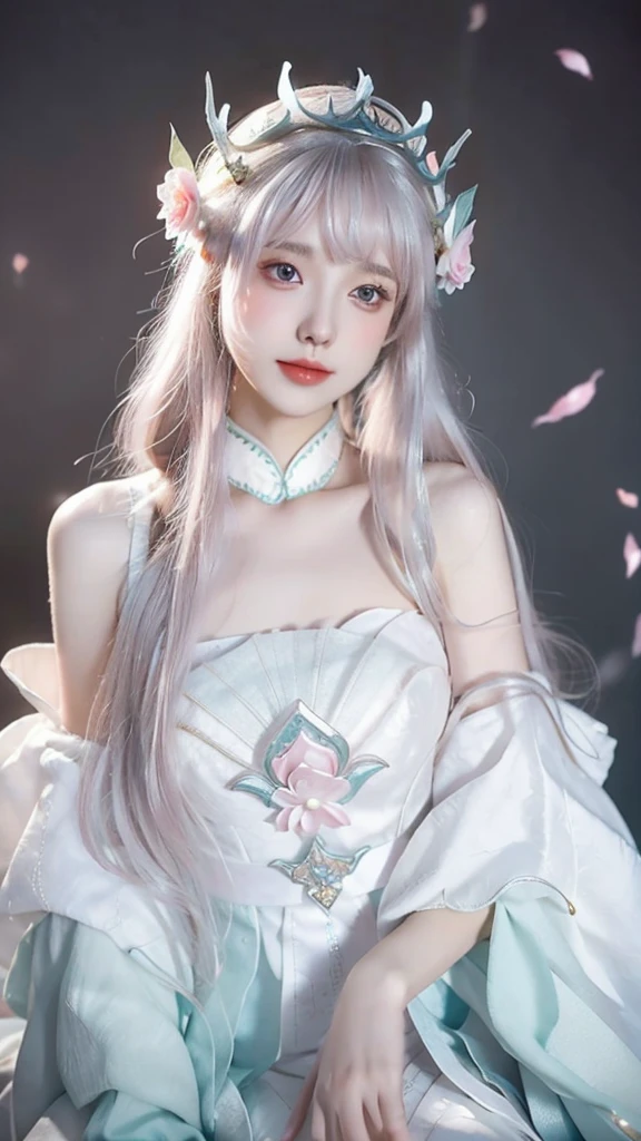 a woman with long hair wearing a white dress and a pink flower crown, pale milky white porcelain skin, ethereal beauty, 中 元 节, beautiful portrait image, lovely delicate face, cute beautiful, trending on cgstation, lovely woman, beautiful girl model, ((a beautiful fantasy empress)), beautiful anime girl, very beautiful girl, porcelain white skin