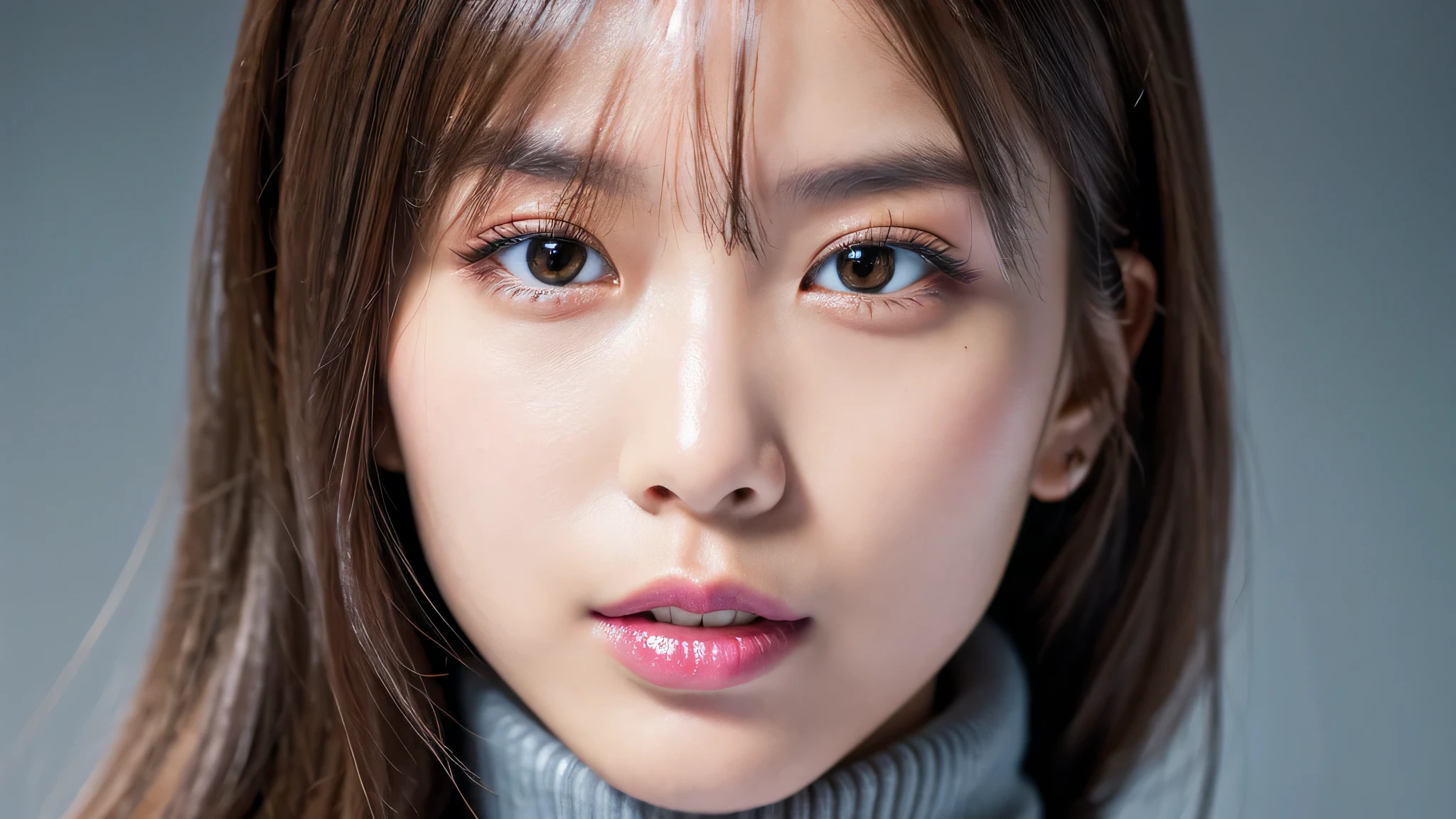 (Detailed face),vivid,,Silver glitter turtleneck hoodie,4K,Ultra-high resolution,(Photorealistic:1.7),Gray background,Long Hair,