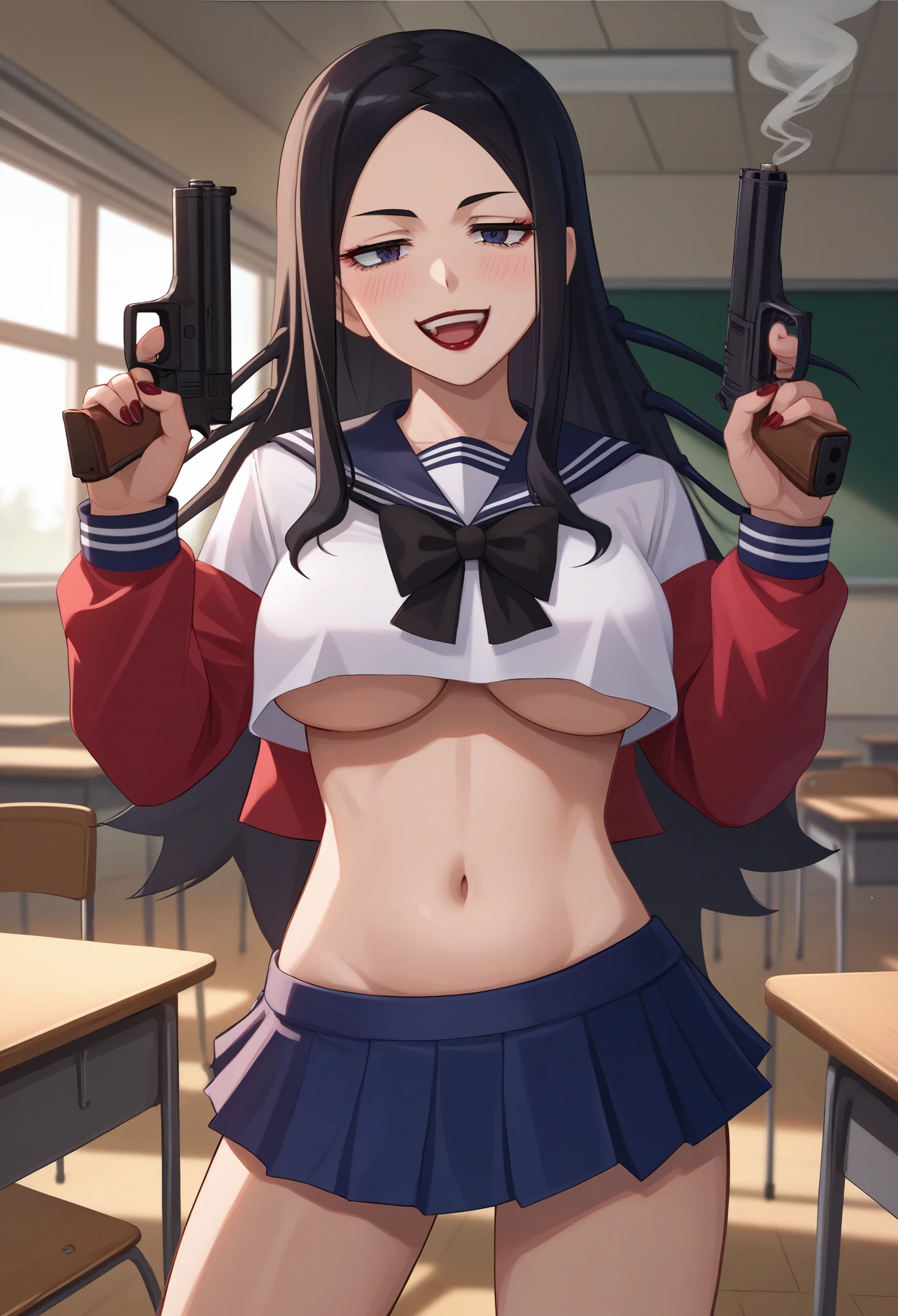 
Mirai , Senran Kagura, masterpiece, best quality, ((unbuttoned school uniform, cleavage, necklace, earrings, sexy body,
breasticro skirt, smiling, navel , exposed belly, exposed navel,(nsfw) not safe for work,school,
classroom , holding a gun, hold a gun,navel piercing