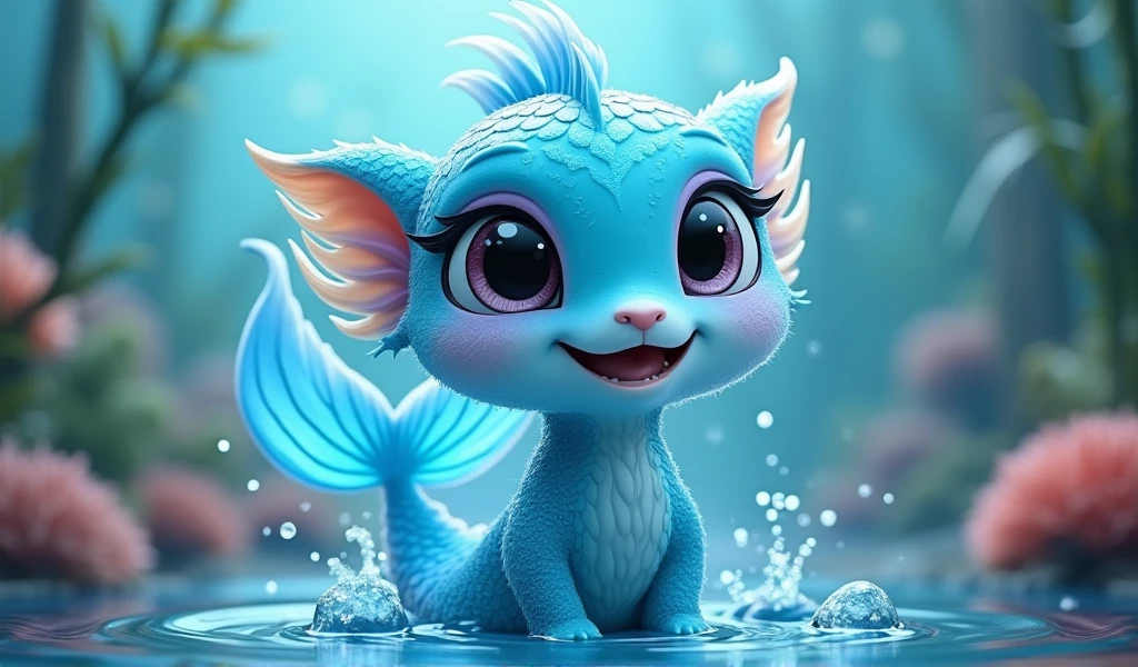 Create a water element mascot that is cute and expressive, with beautiful eyes and a captivating smile.