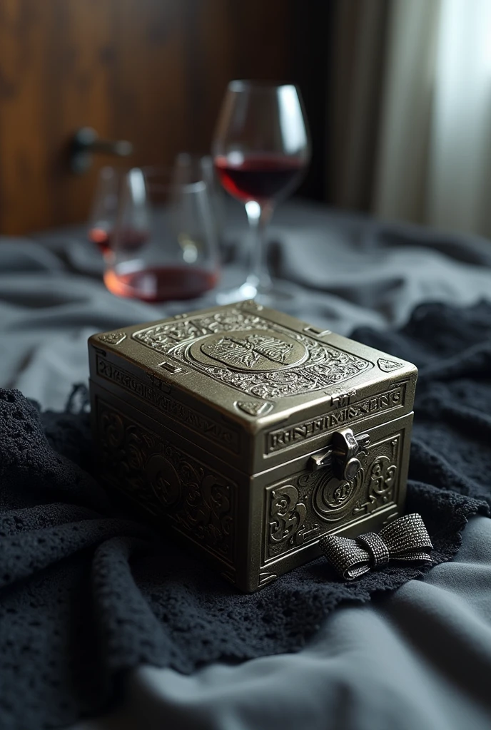 A mysterious metal box with carvings on the outside. An inscription in a strange language on the forehead. The old hand-sized box is on top of a black lace thong on the bed.. The panties have a sparkling black bow in the sample. Behind the box, a glass of wine standing up and another lying down. Blurred room background