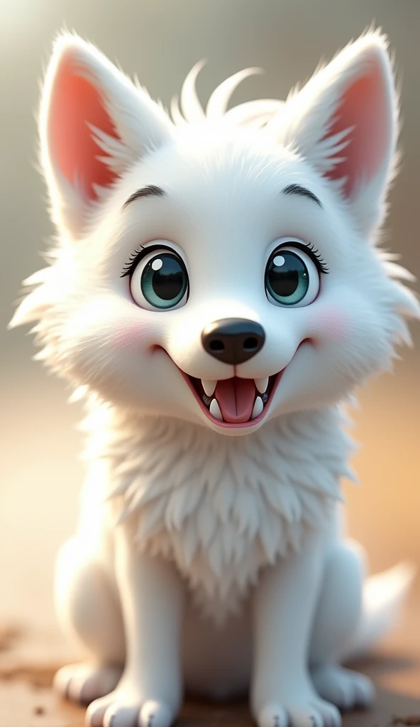 Cartoon anime 3D characters of A close-up of the cute young white wolf with pure white fur. His bright eyes are filled with curiosity, and his sharp, gleaming teeth are visible, but his expression is gentle and kind.