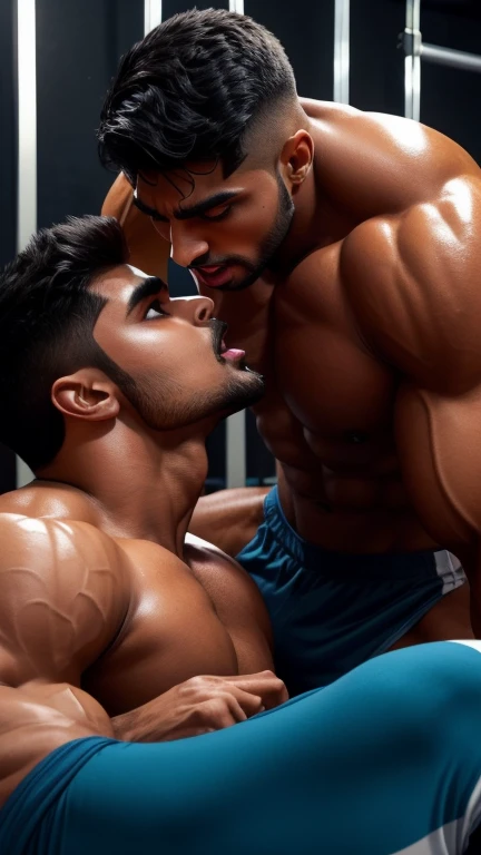 Pehlwan man Indian Gurjar gay couple wetty mouth to mouth tounge to tounge kissing and sucking lower lip, bitting and pulled lower lip during hot kissing with big shinning eyes big lips wide jawline beautiful hunk face spiky black hairstyle, seductive kissing in gym during sweat running from body