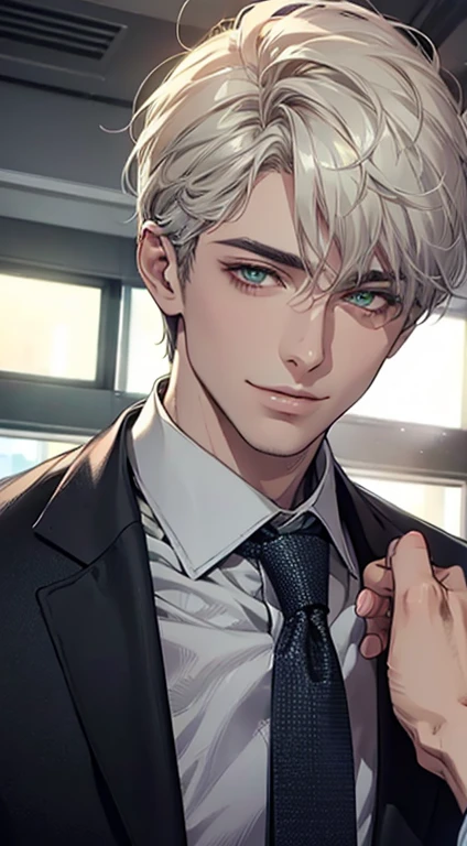 (Highest quality,4K,8K,High resolution,masterpiece:1.2),Super detailed,(Realistic,photoRealistic,photo-Realistic:1.37),1 personld,Mature Men,Beautiful skin、very handsome,Expressionless smile in love,Short white hair,green eyes,Sharp Eyes,A perfect face without a doubt,Businessman, CEO, Office Background,Cinema Lighting,HDR image,tie、